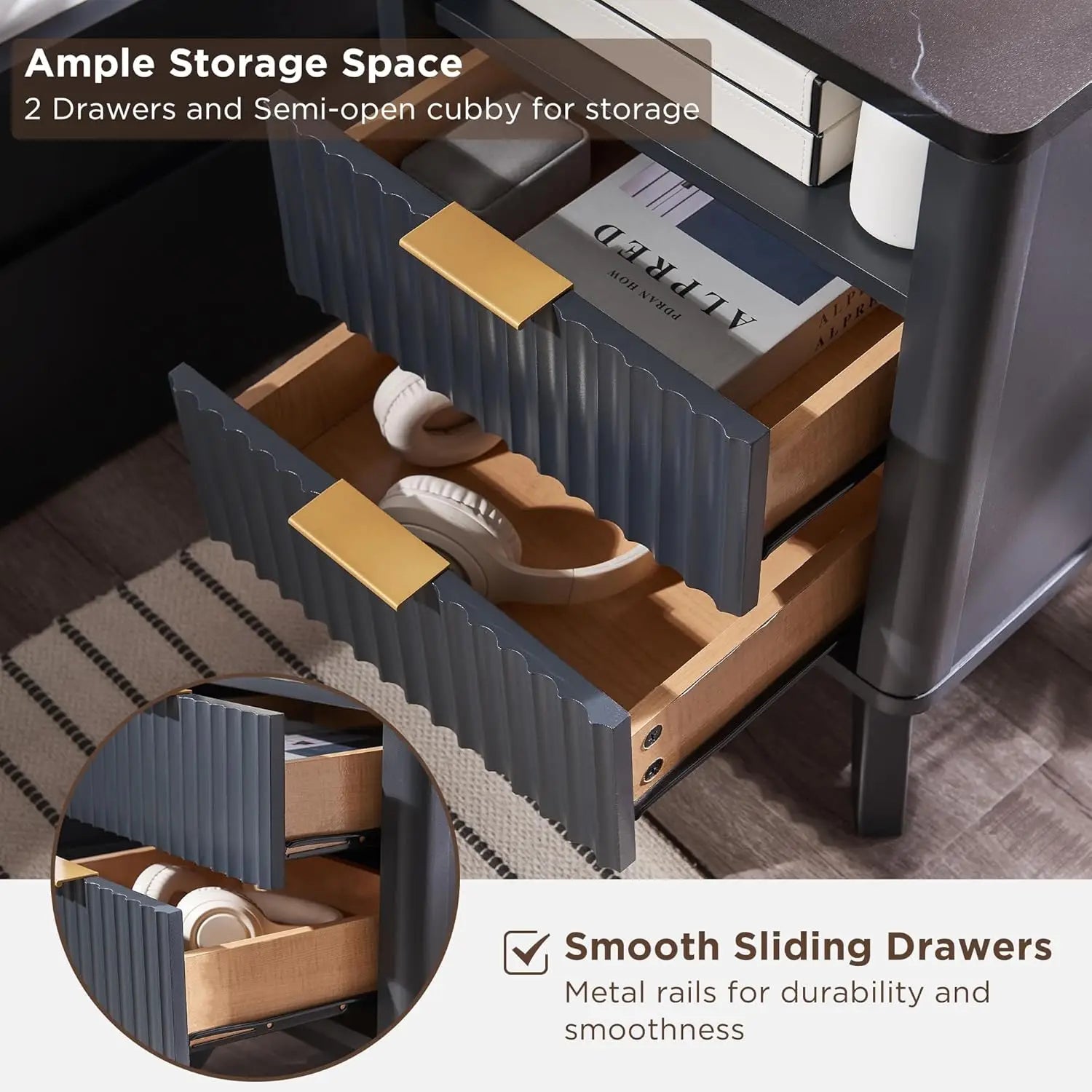 Fluted Nightstand with Charging Station