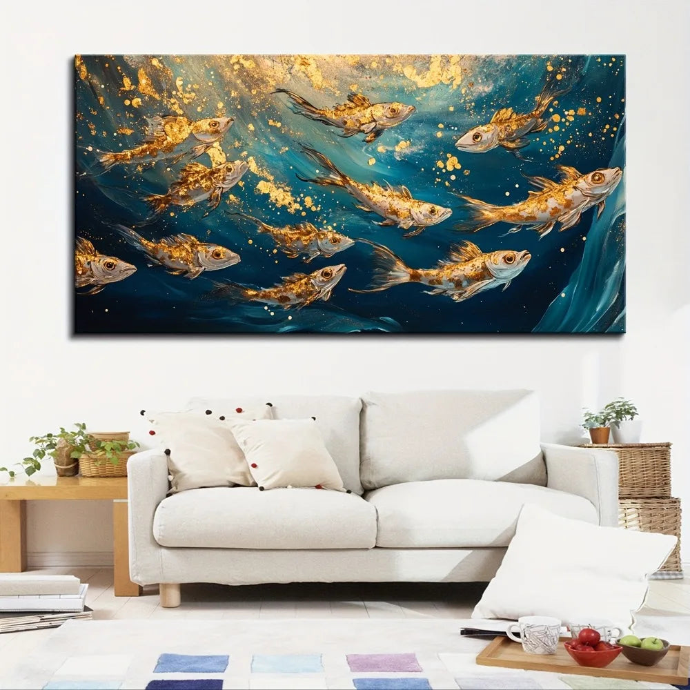 Goldfish Dancing in Blue Ocean Art Painting w/1.5 inch thick pine wood frame