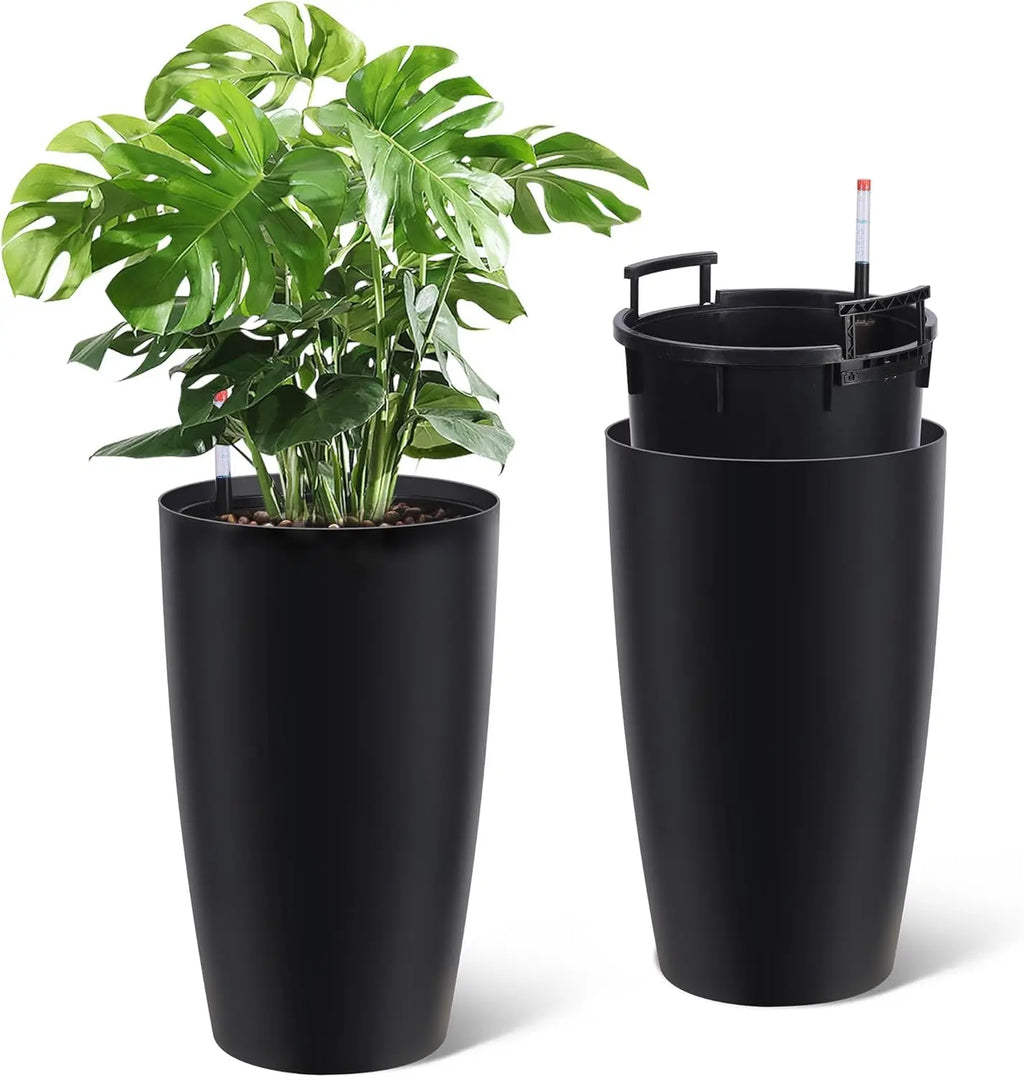 21.7” Tall 1-Pair Black Self-Watering Flower Plant Pots