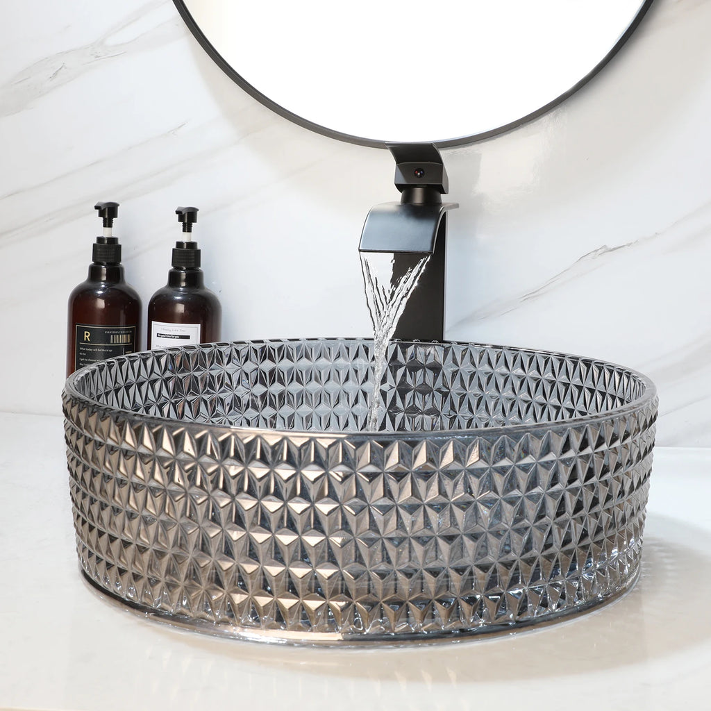 Crystal Grey Tempered Glass Basin Bowl with Faucet