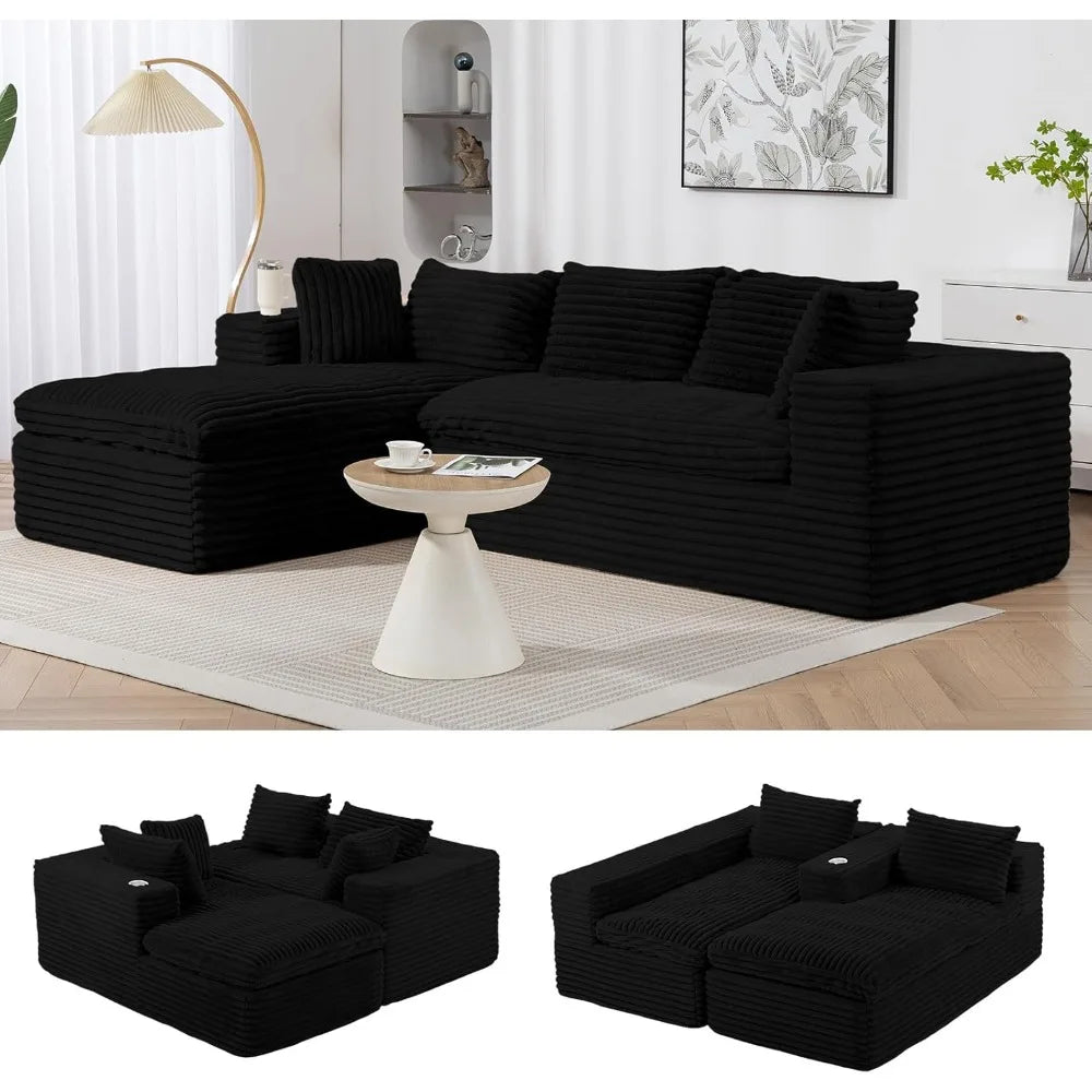 107'' Cloud Modular Sectional Sof,w/Chaise & Cup Holder