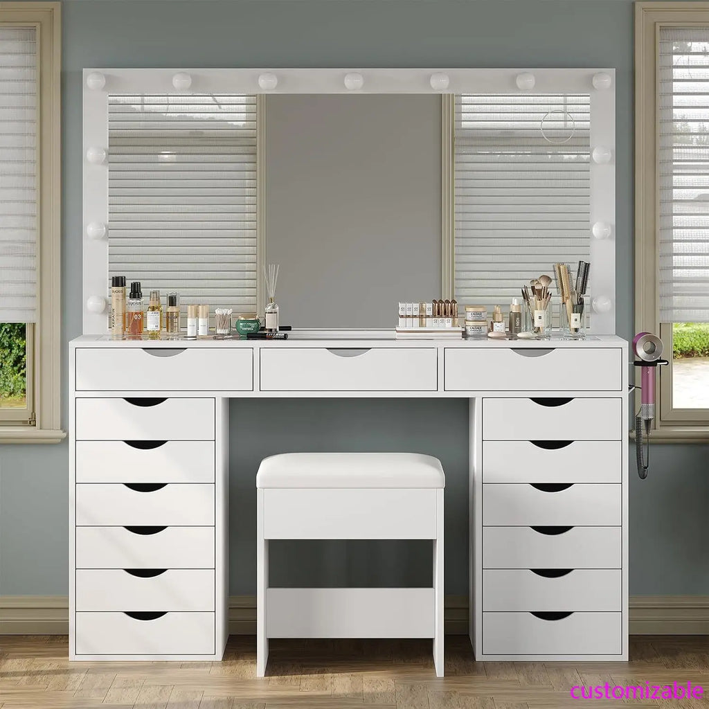 Vanity Desk with Mirror and Lights, Makeup Table with Charging Station