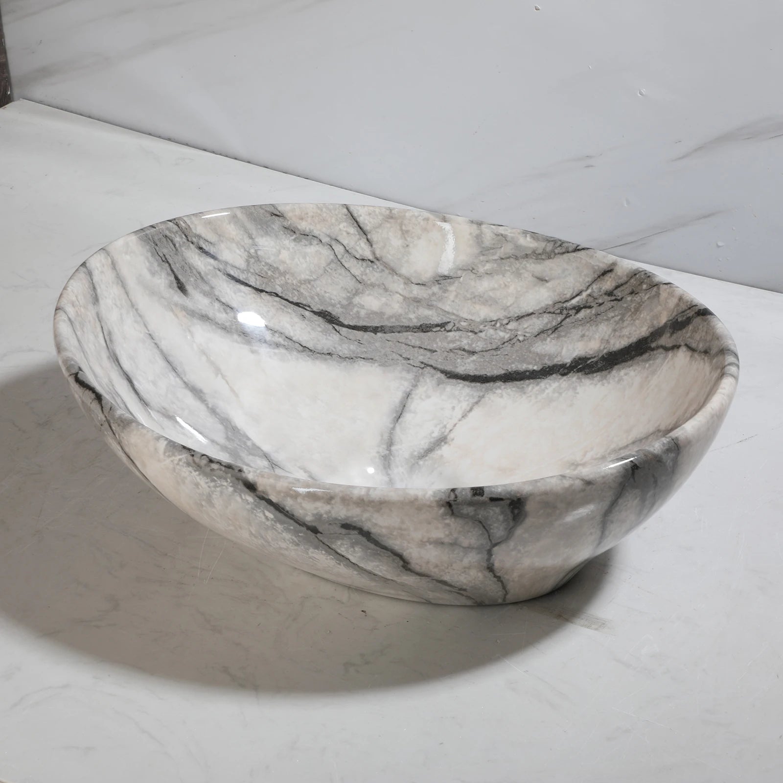 Marbling Oval Vessel Sink Bathroom Ceramic Sink Above Counter Porcelain Basin Bowl