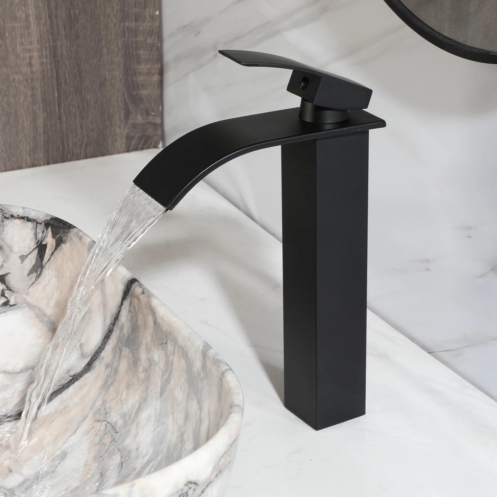 Imitation Marble Style Sink Set Ceramic Basin w/Black Sink Faucets