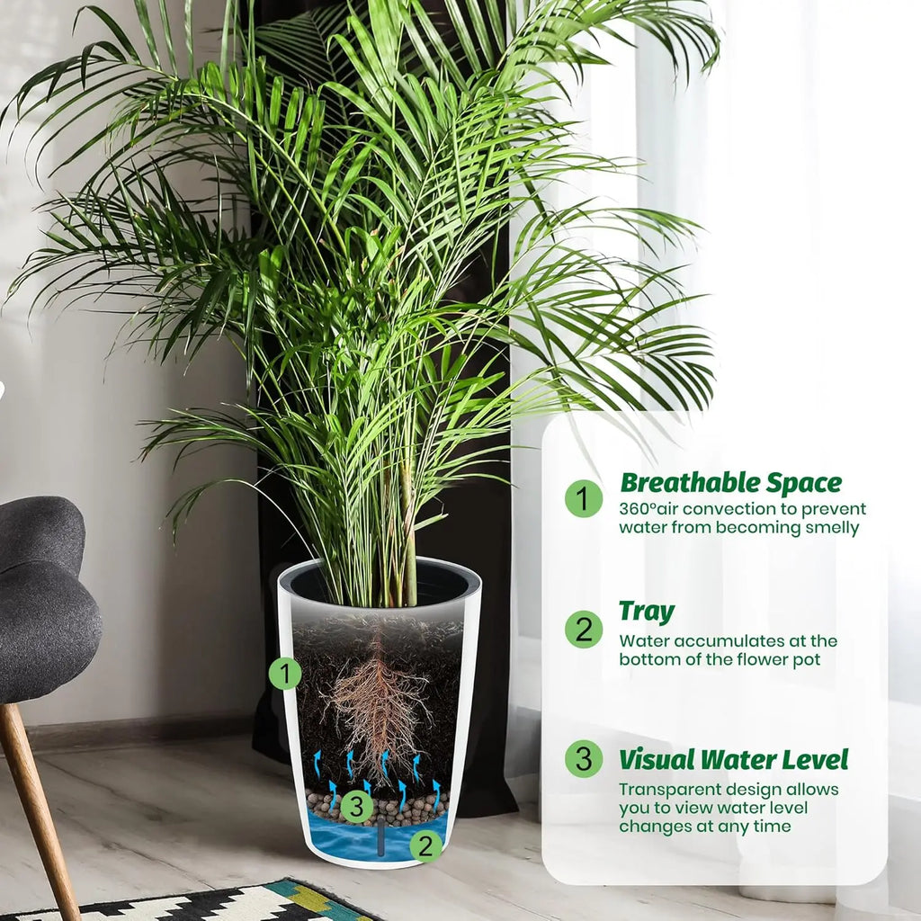 21.7” Tall 1-Pair Black Self-Watering Flower Plant Pots