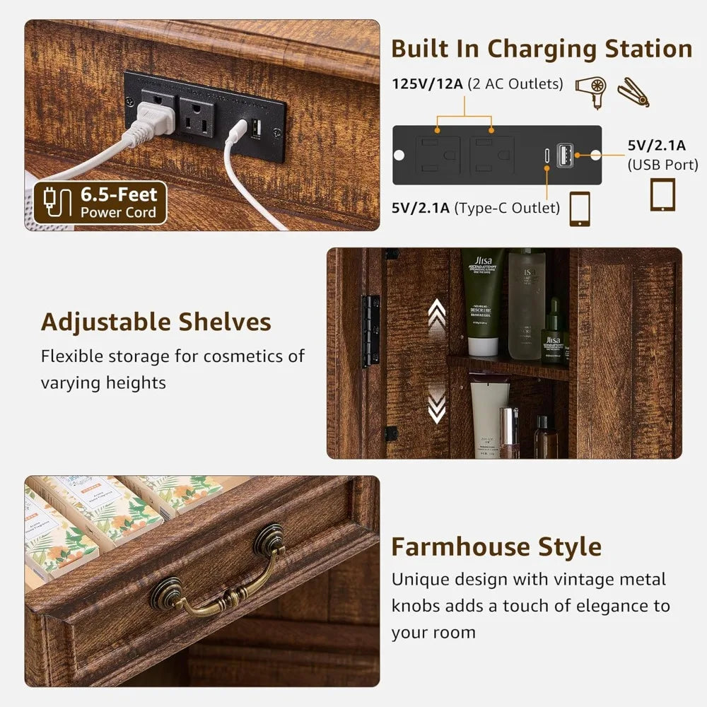 Large Farmhouse Corner Makeup Vanity Desk 48" with 3 Way Mirror and Lights