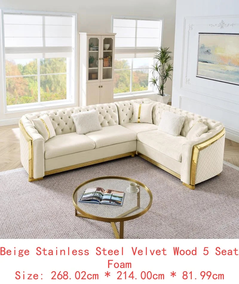 106" L-Shaped Sectional Sofa Set with Gold Accents