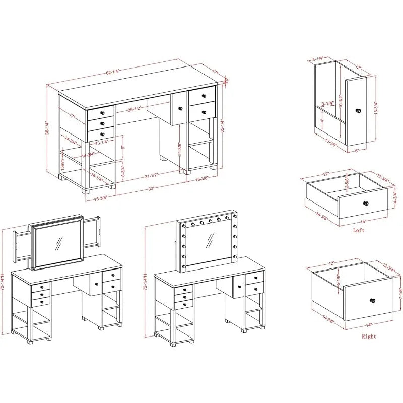 Modern Wood 6 Drawers Makeup Vanity Table with 4 Open Shelves