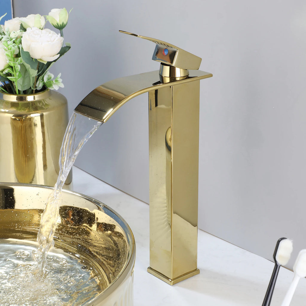Gold Round Vessel Sink with Faucet (13.6x11.6”)