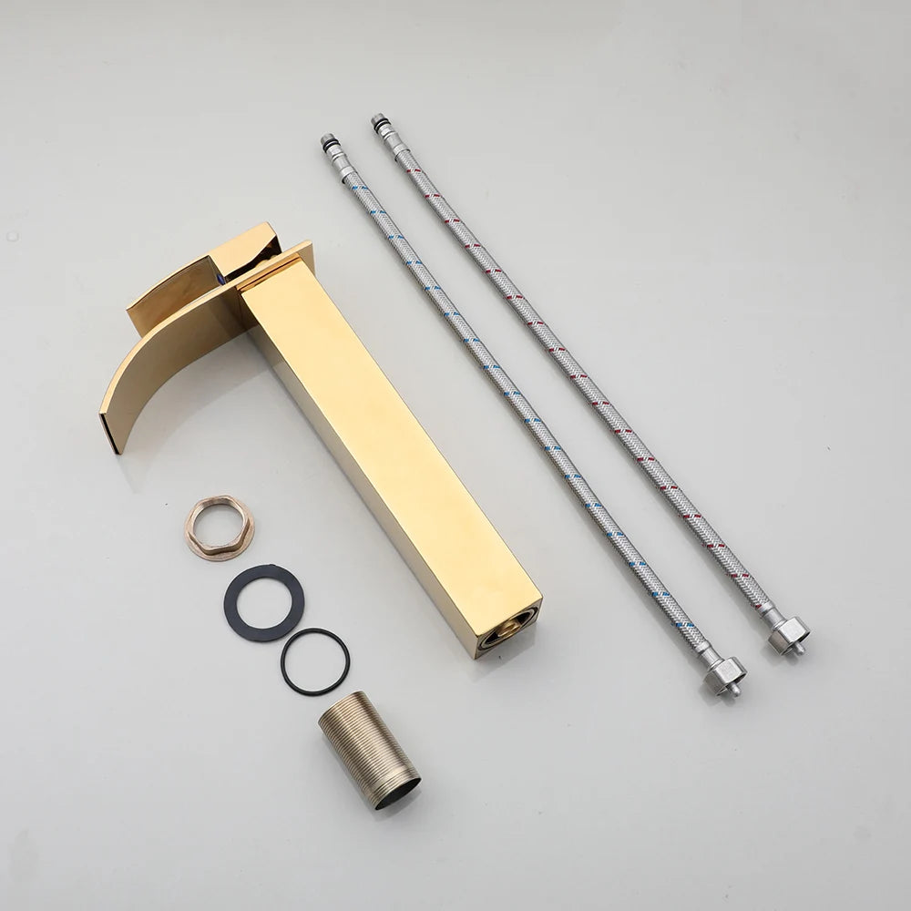 Gold Ceramic Bathroom Vessel Sink  Sink Bowl w/ Waterfall Faucet and Drain Combo