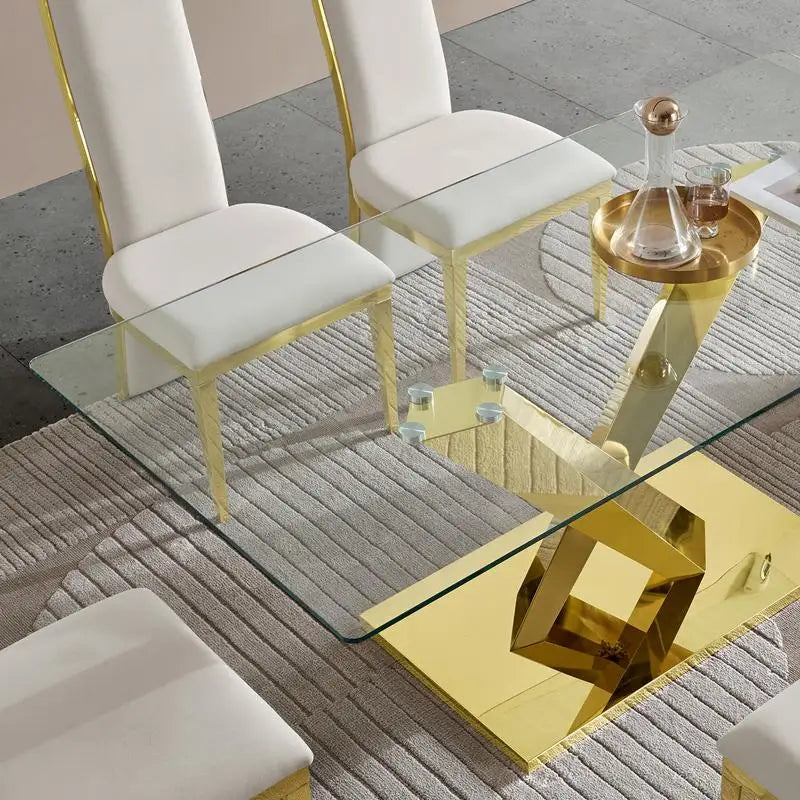 Gold Stainless Steel Dining Table with Clear Tempered Glass Top