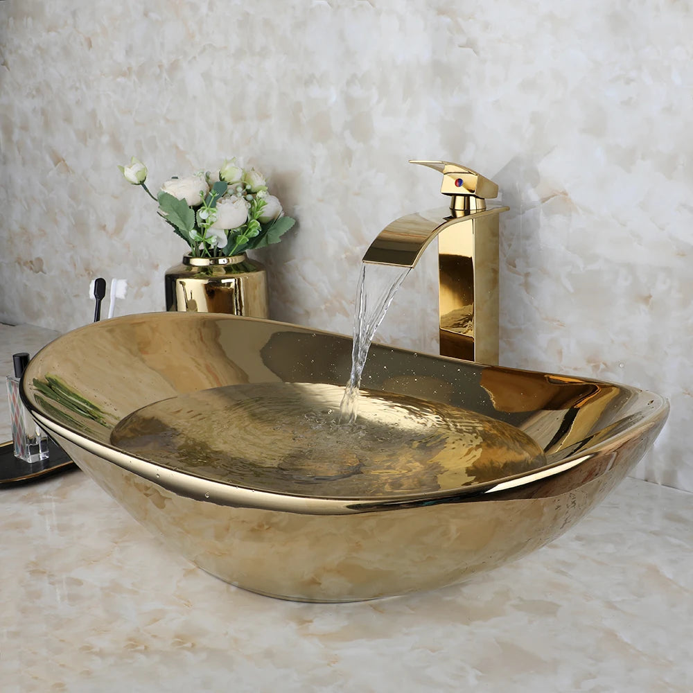 Gold Ceramic Bathroom Vessel Sink  Sink Bowl w/ Waterfall Faucet and Drain Combo