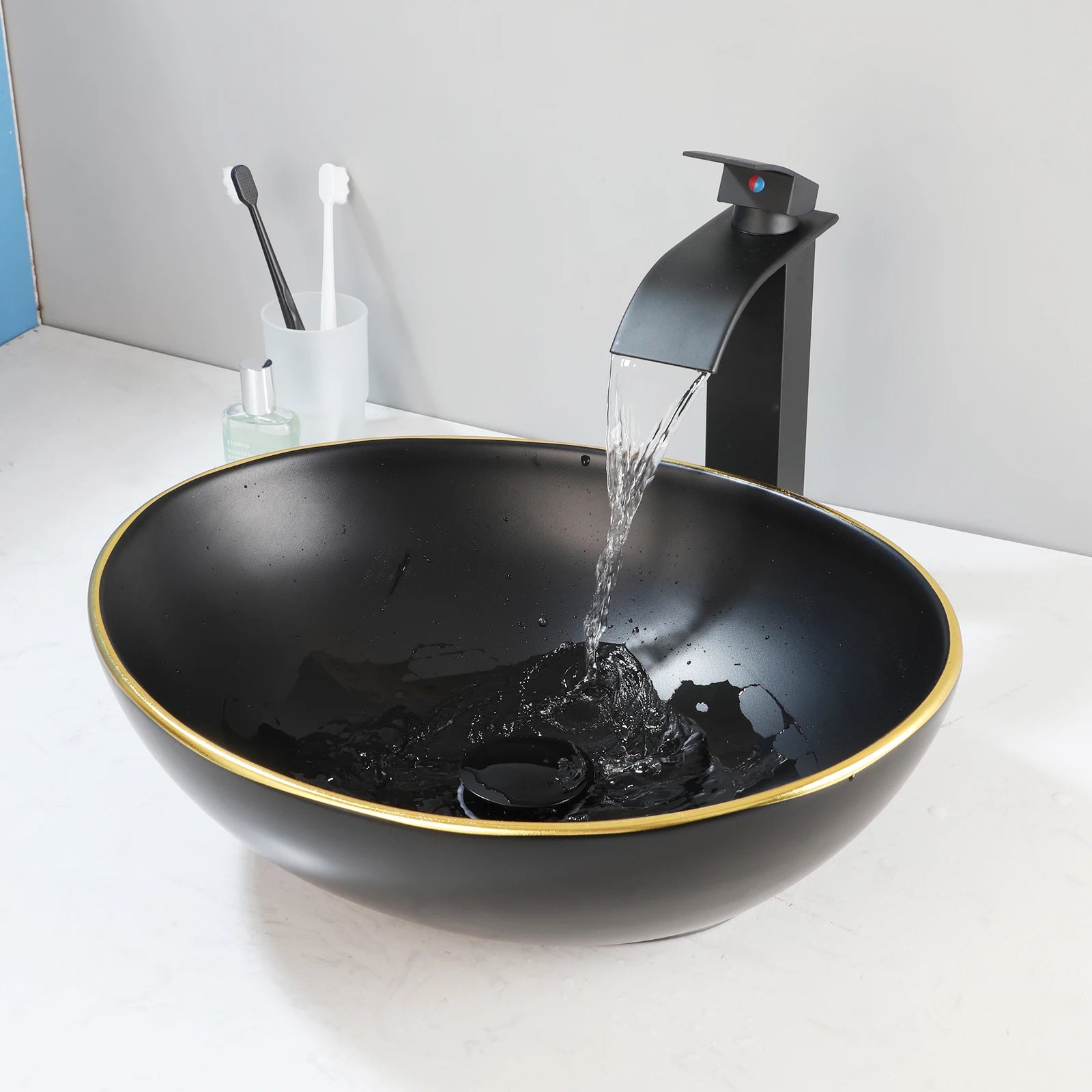Oval Ceramic Vessel Sink w/Faucet & Unique Marbling