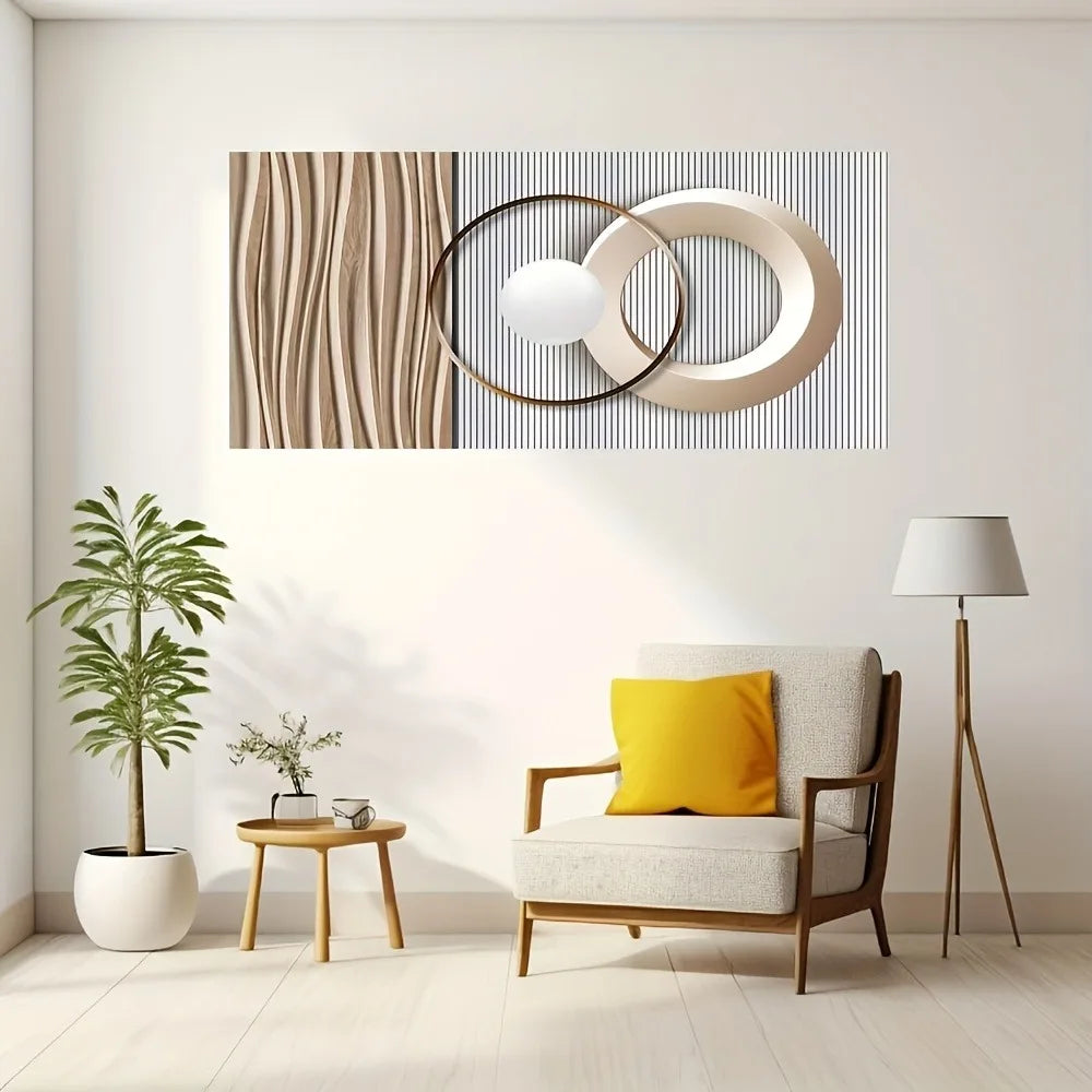 Modern abstract flow gold round mural w/1.5 "thick pine solid wood frame