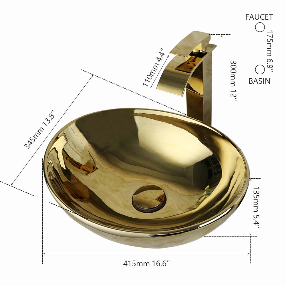 Gold Bathroom Ceramic Sink Bowl With Faucet