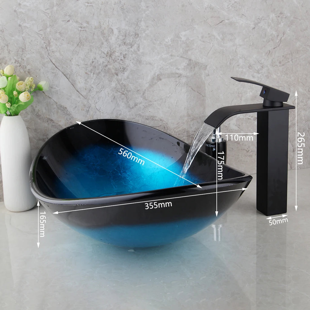 Blue Countertop Tempered Glass Basin Sinks Washbasin Faucet Combo