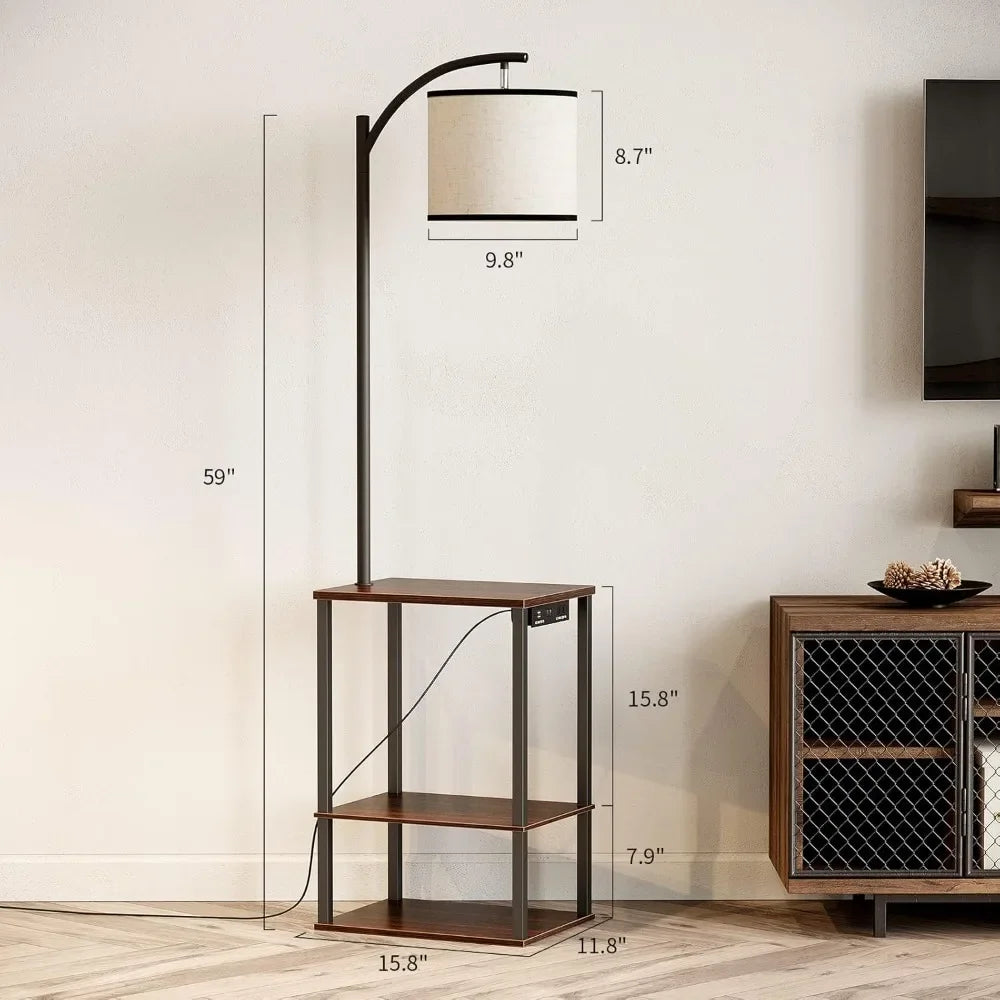 Customizable-Floor Lamp With Table, End Table With Lamp, Shelves, Charging Station(USB & AC Port), 3-Color Temperature LED Bulb,