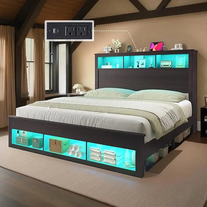 Queen Size Bed with Bookcase Storage Headboard and Footboard