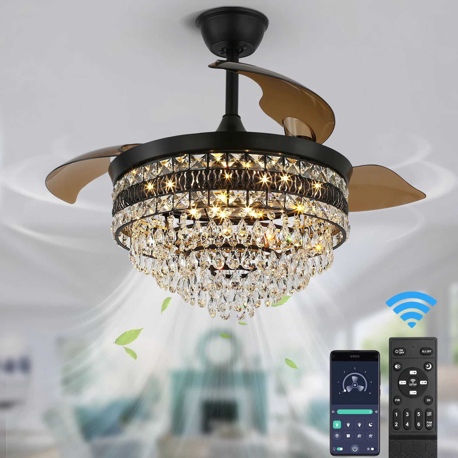 Modern Smart Ceiling Fan Chandelier Gold RC Adjustable 6 Speed