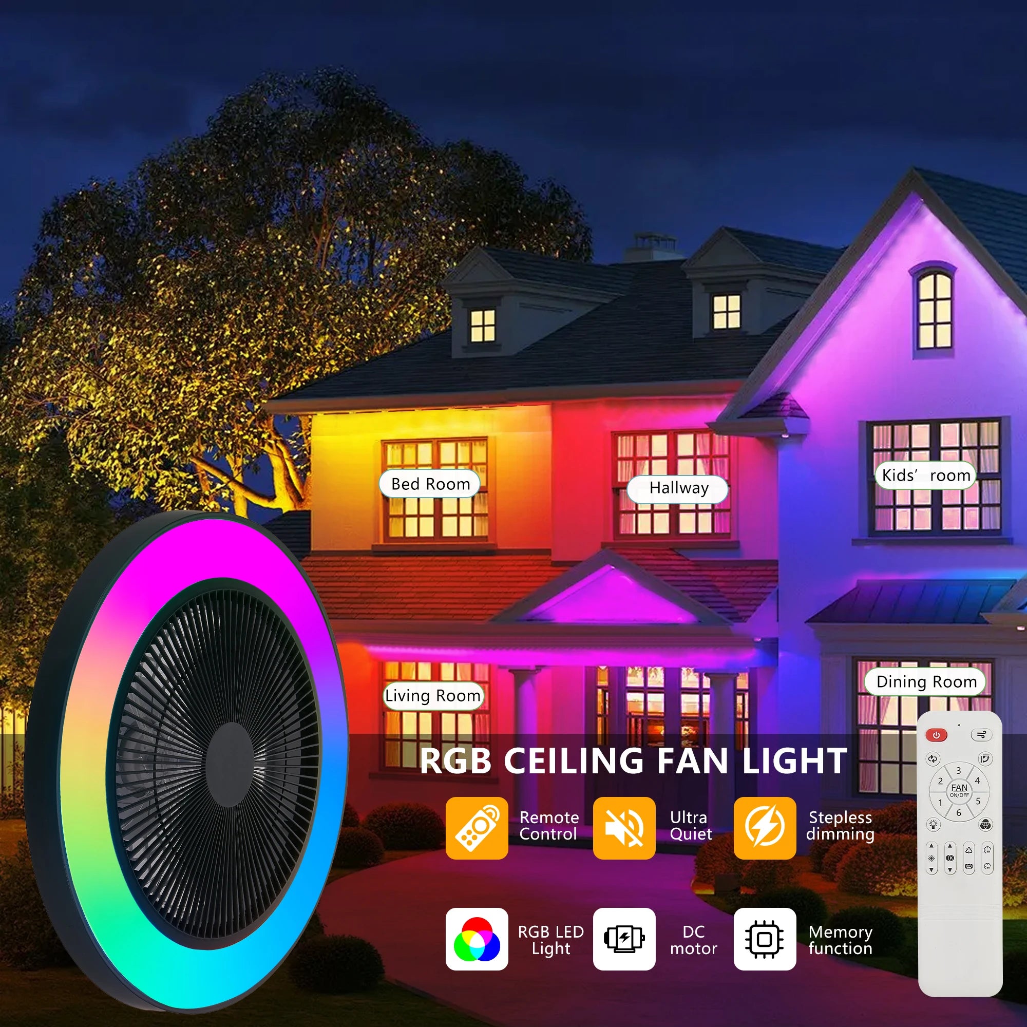 19" LED Ceiling Fan Light Smart RGB Lights with Remote & APP Control