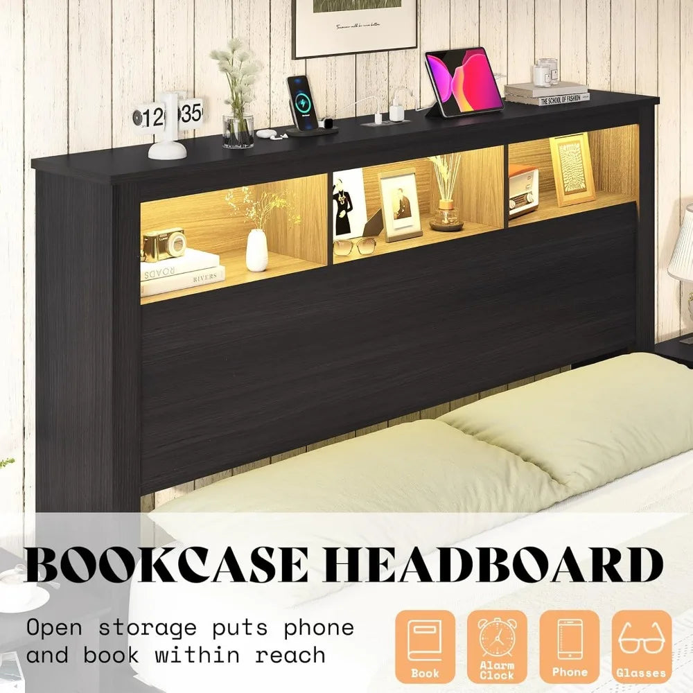 Queen Size Bed with Bookcase Storage Headboard and Footboard