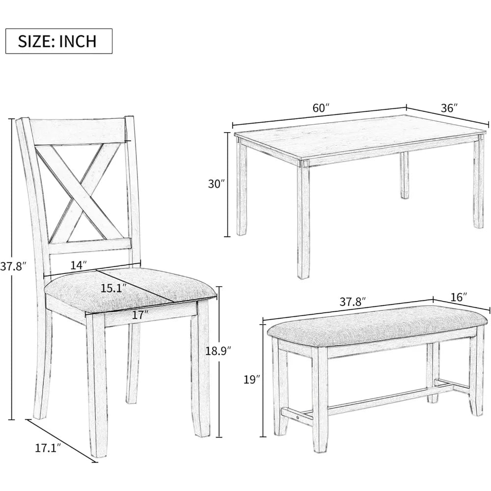 6-piece rectangular wooden kitchen dining set with 4 cushioned chairs and 1 bench