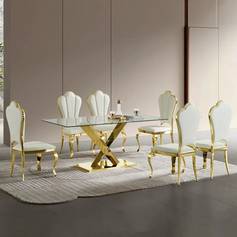 Gold Stainless Steel Dining Table with Clear Tempered Glass Top