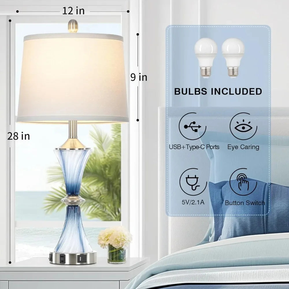 Blue Glass Table Lamp (Set Of 2) W/USB C+A Ports