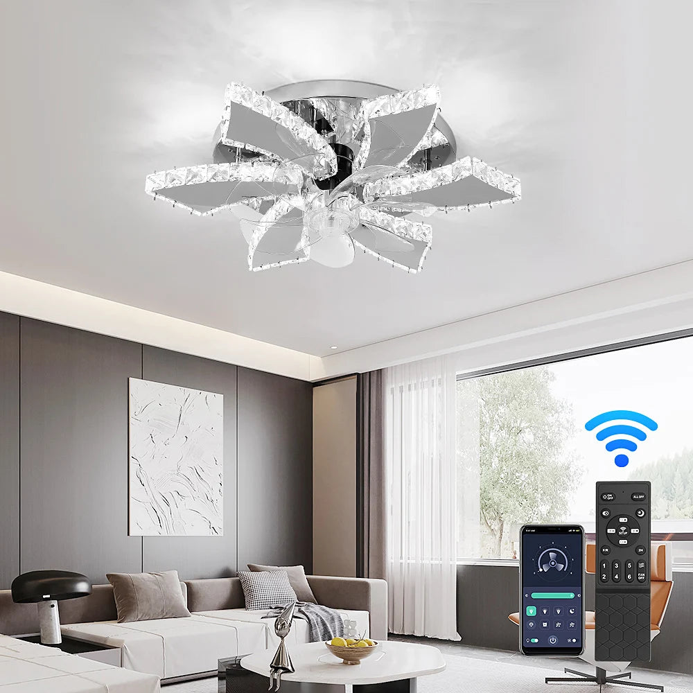 Modern Luxury Crystal ChandelierCeiling Fan Light Led Fan Lamp Smart APP RC