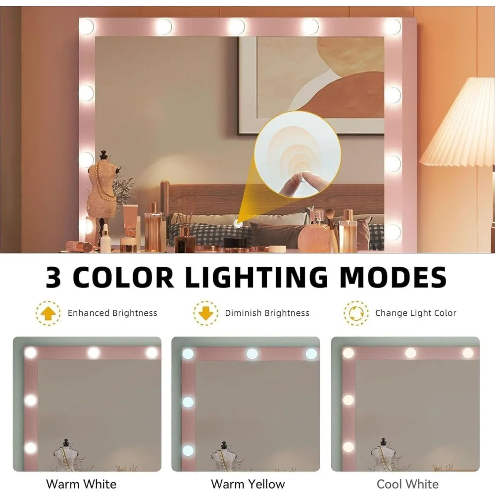 Large Makeup Vanity Desk with Mirror, LED Lights, Power Outlet, 4 Drawers, and Cushioned Stool