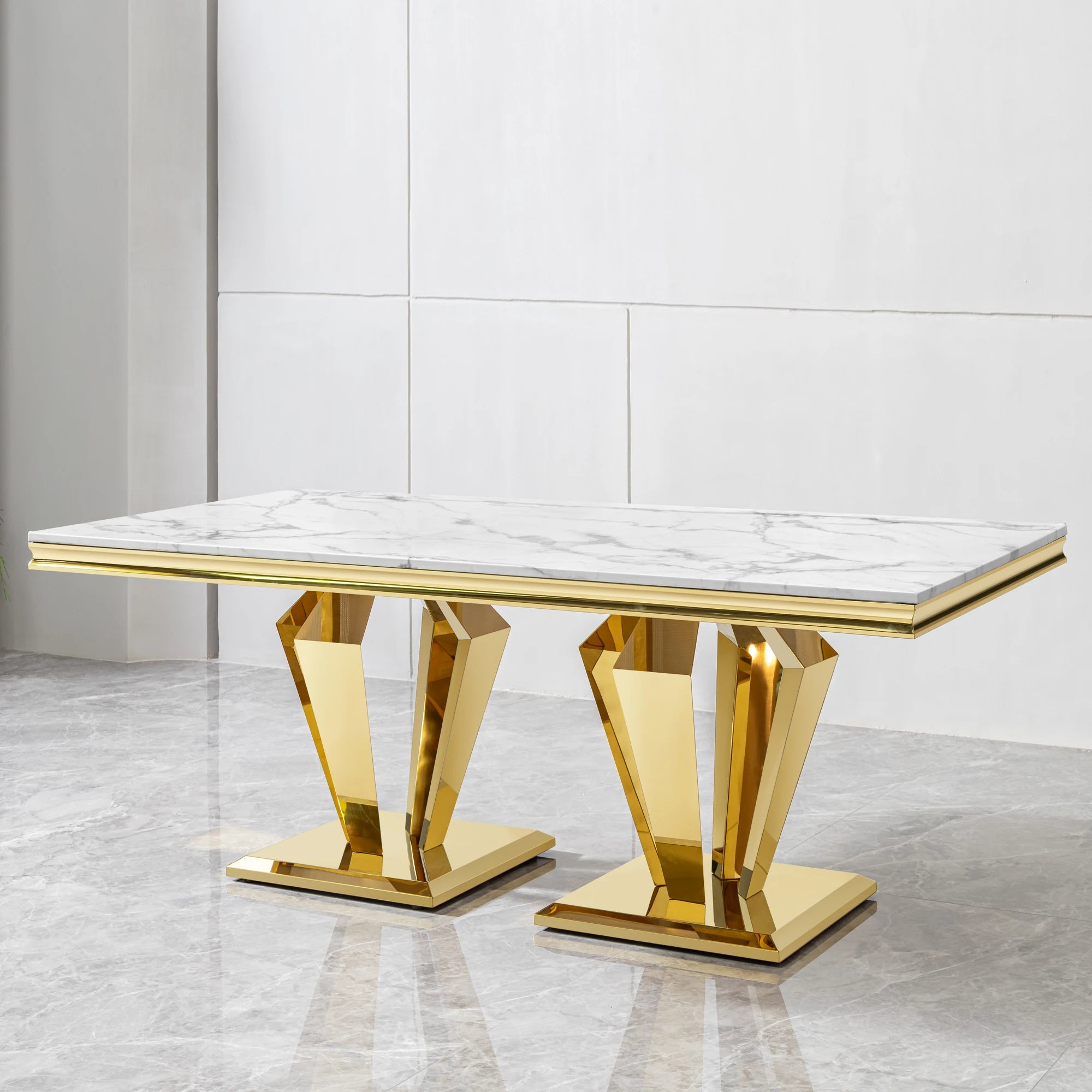 Rectangular MDF marble dining table with gold stainless steel base