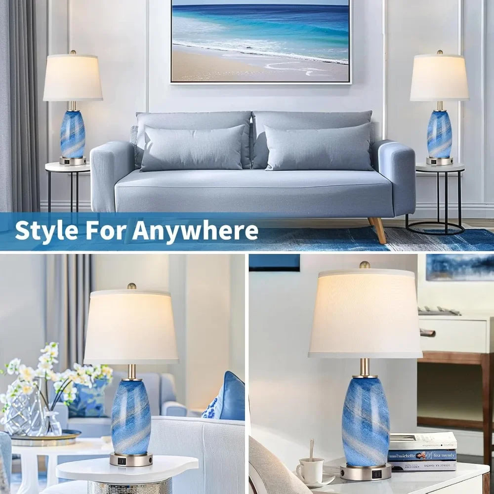 Customizable-Blue Glass Nightstand Lamps (Set Of 2)