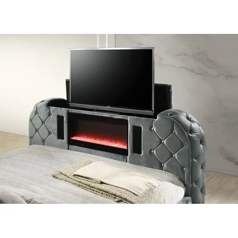 Velvet Eastern King Bed with LED, Fireplace & TV Stand