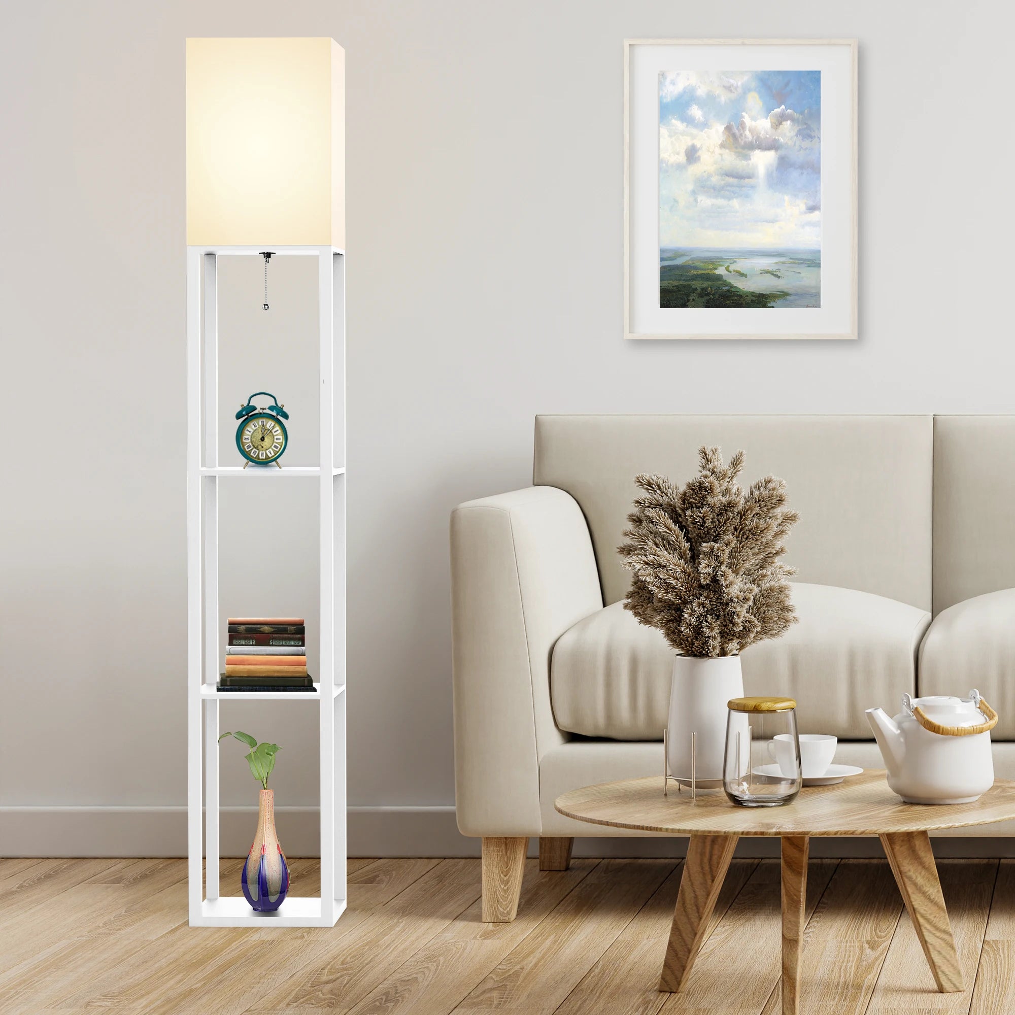 Real Wood Column Floor Lamp with Shelves