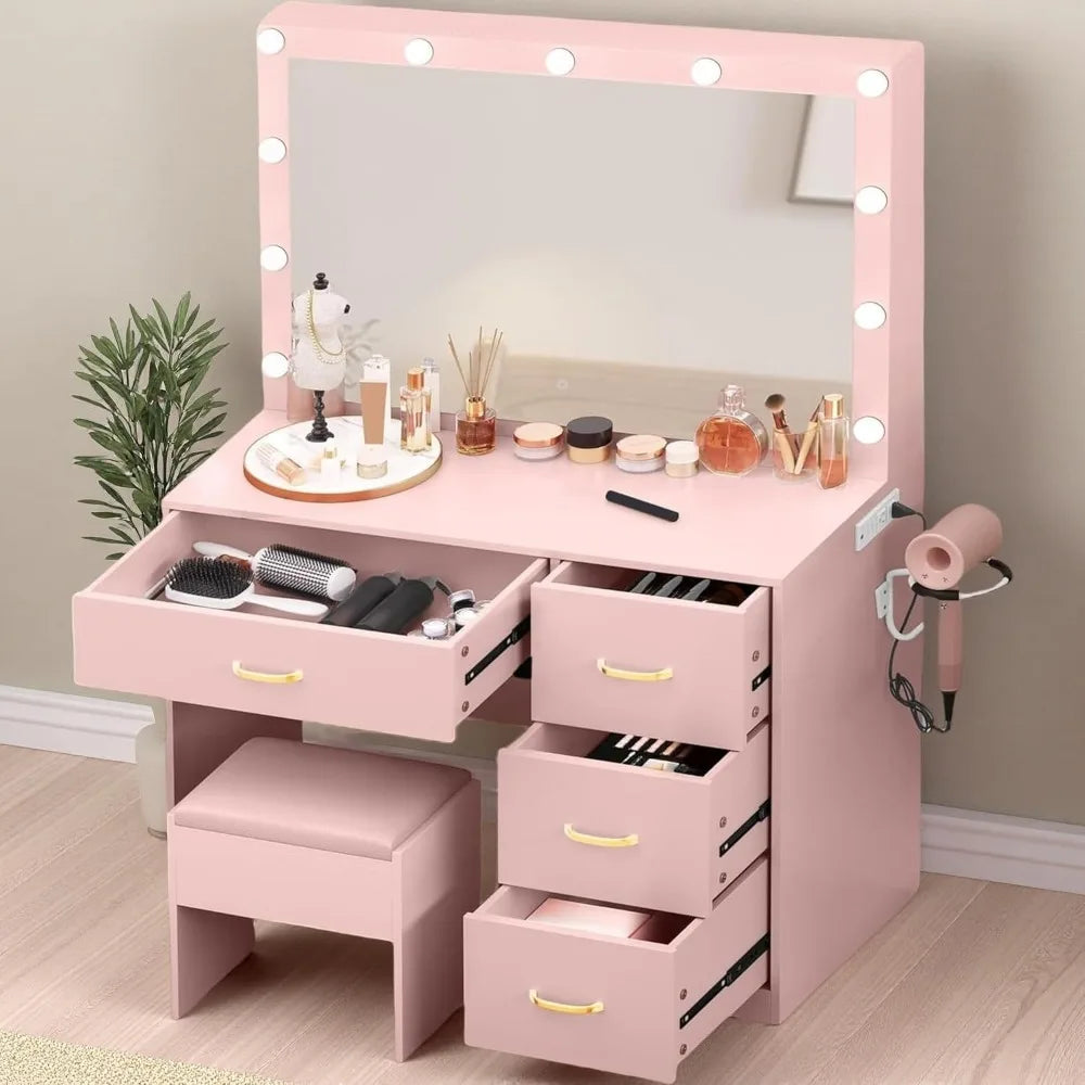 Large Makeup Vanity Desk with Mirror, LED Lights, Power Outlet, 4 Drawers, and Cushioned Stool