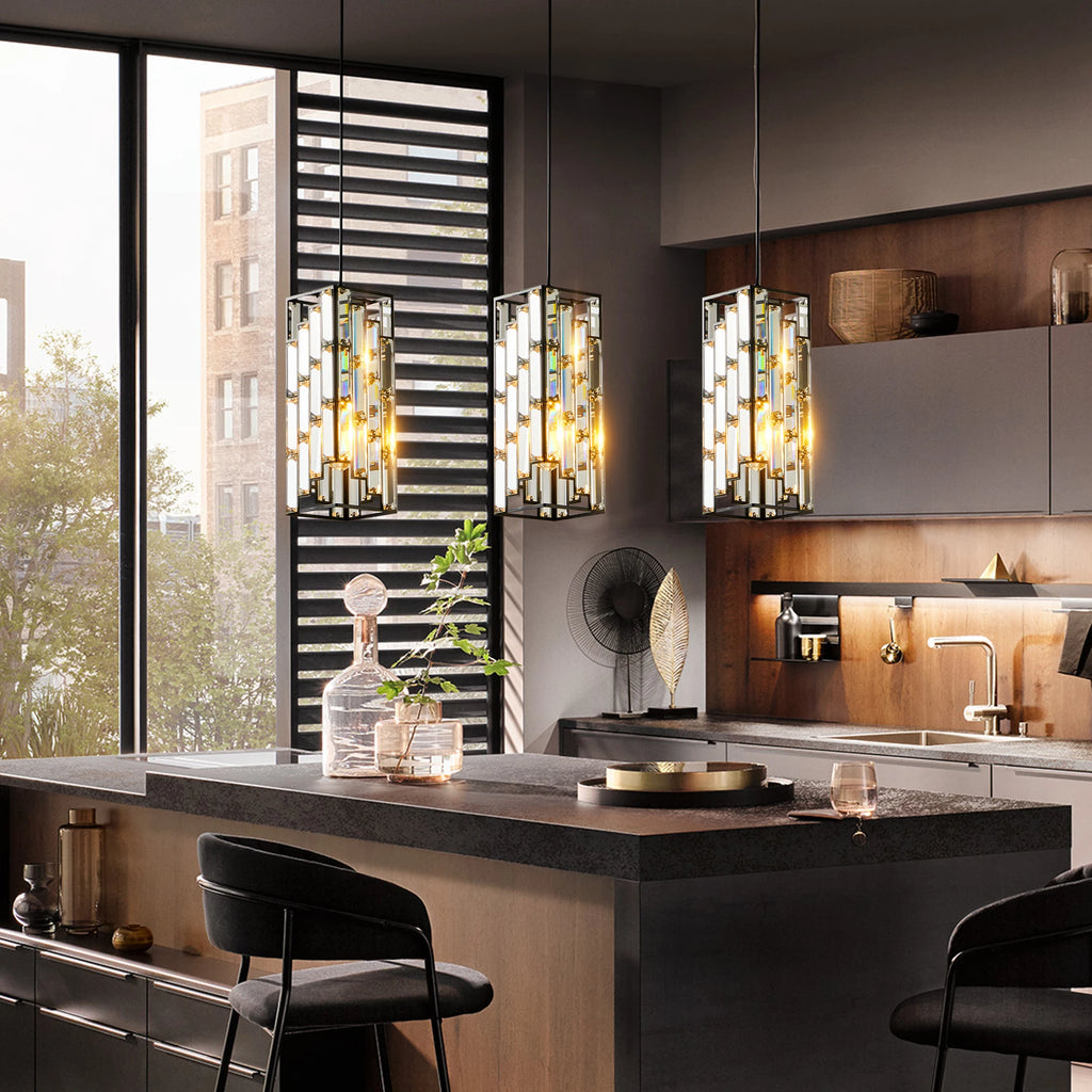 Adjustable Hanging Ceiling Lamp with Crystal Prism Design -Black Finish