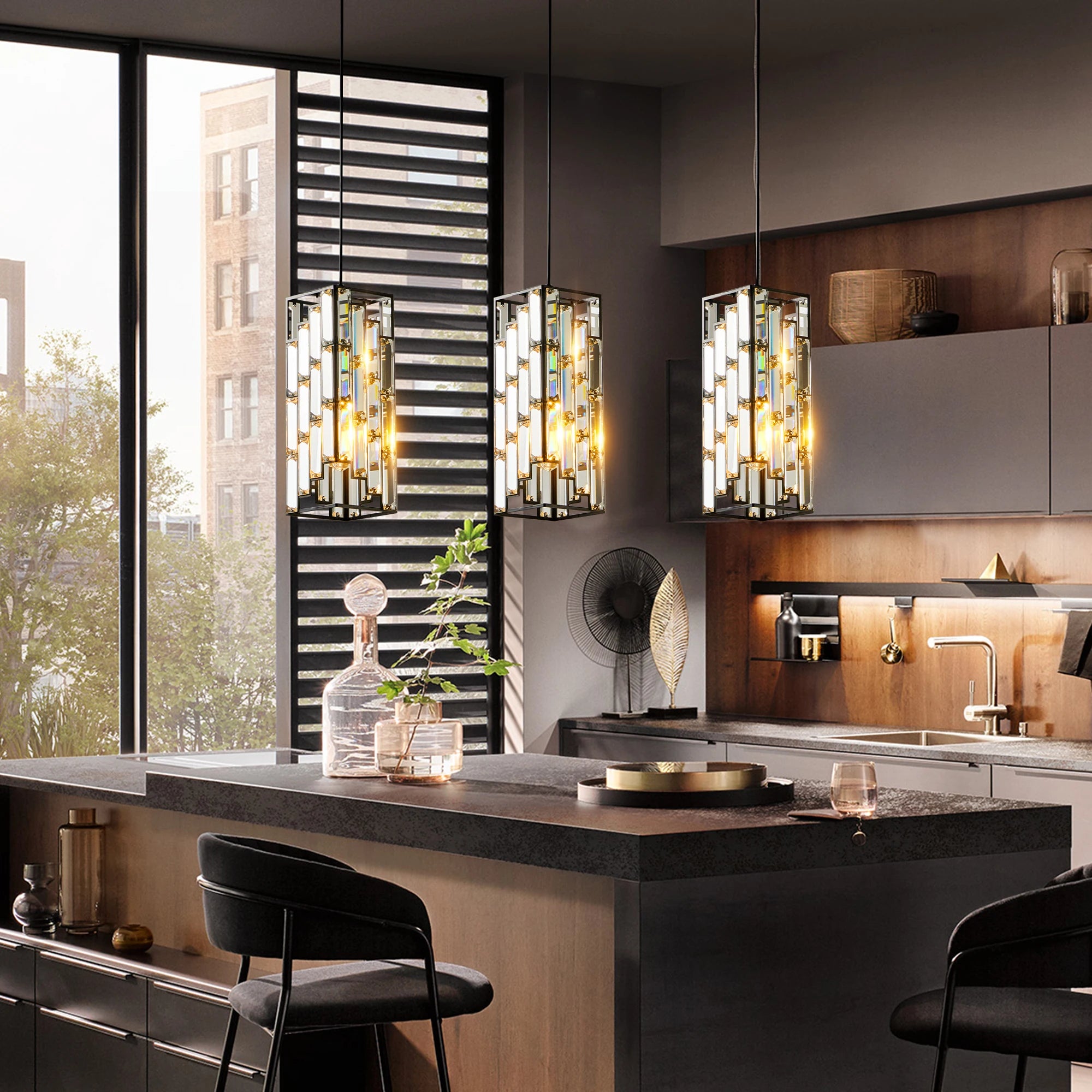 Adjustable Hanging Ceiling Lamp with Crystal Prism Design -Black Finish