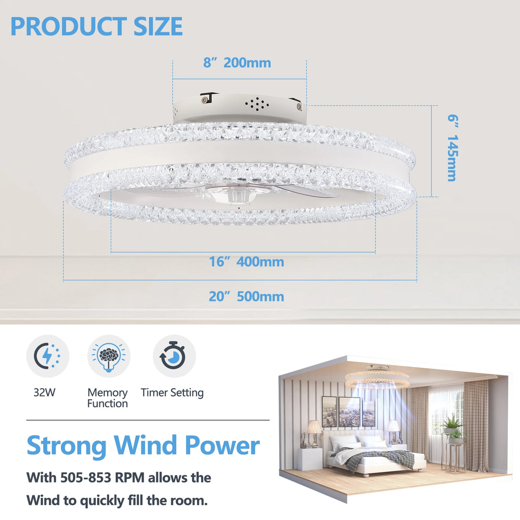 20" Luxury Double Ring LED Ceiling Fan with Light