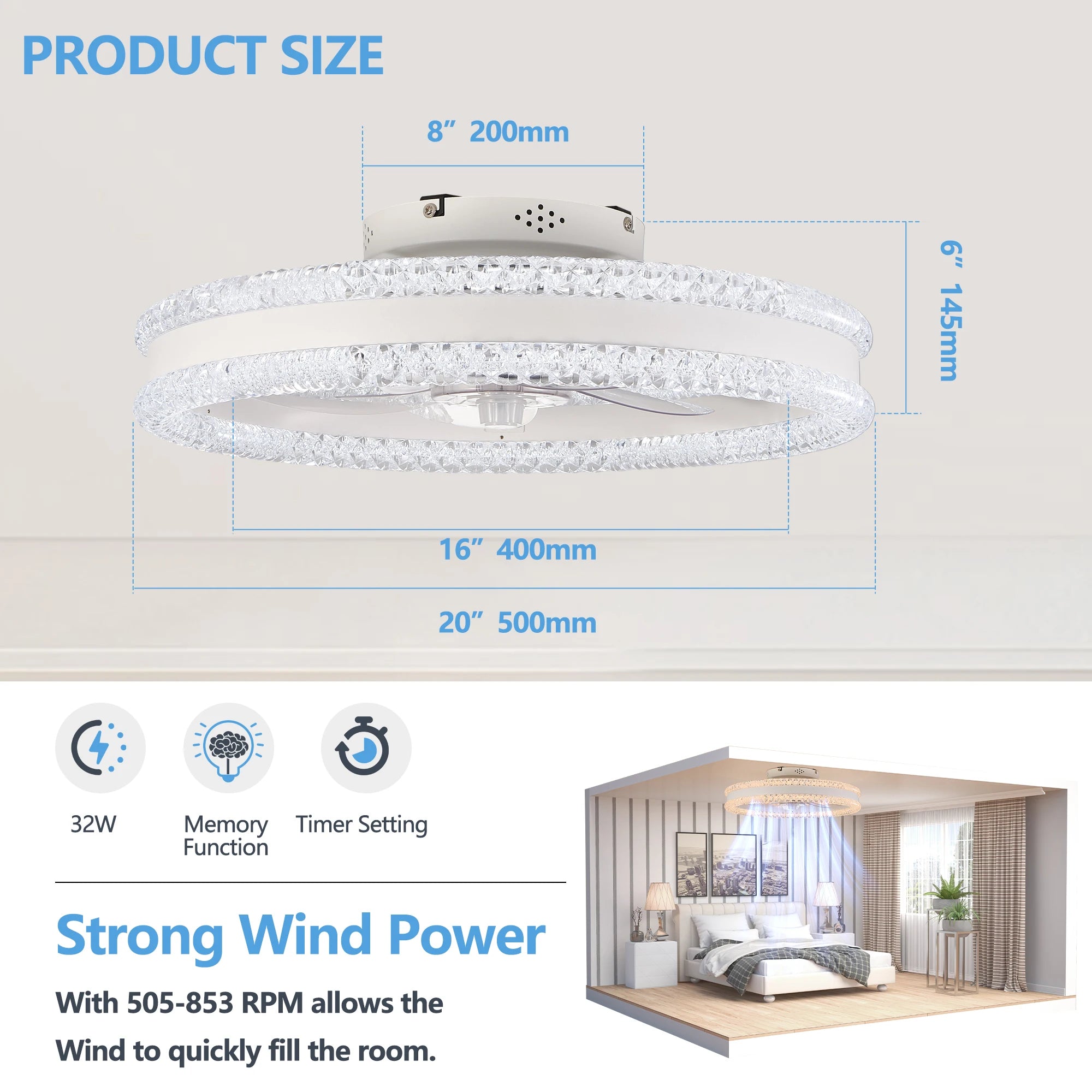 20" Luxury Double Ring LED Ceiling Fan with Light