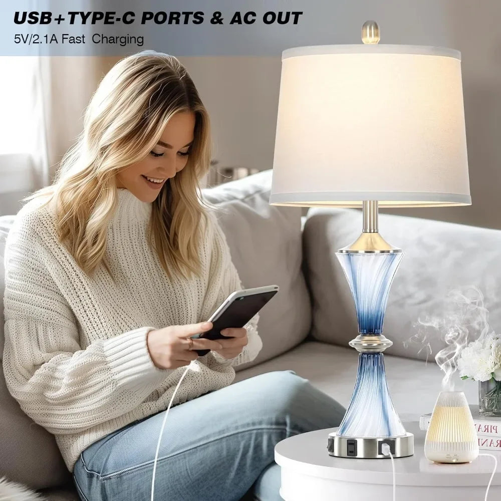 Blue Glass Table Lamp (Set Of 2) W/USB C+A Ports