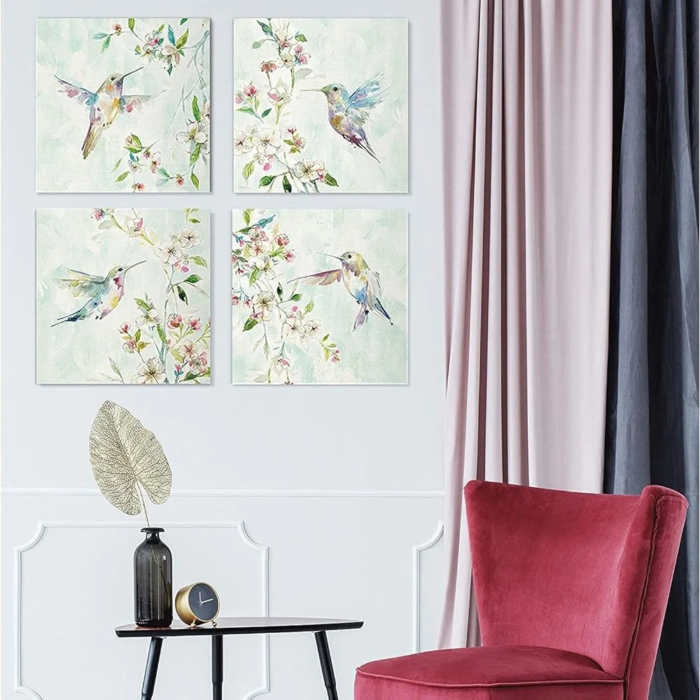 Hummingbird Spring Flowers Framed Canvas Wall Art (4 Panels Set)