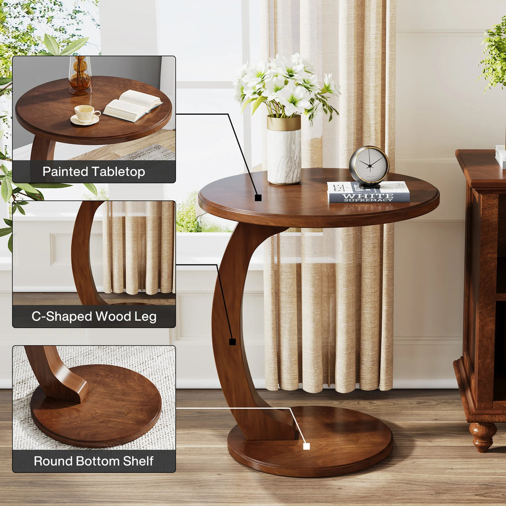 Round End Table, Wood C-Shaped Side Table