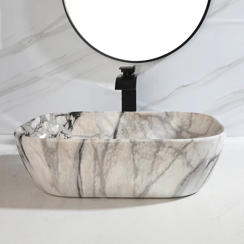 Imitation Marble Style Sink Set Ceramic Basin w/Black Sink Faucets