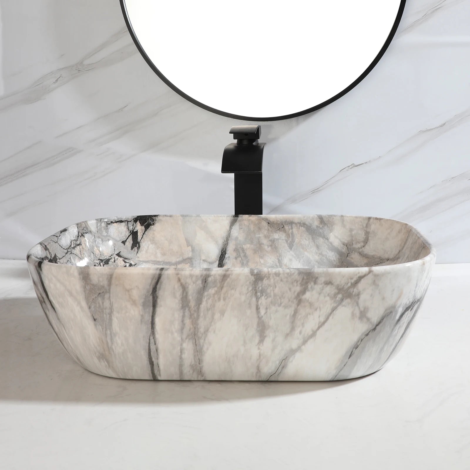 Imitation Marble Style Sink Set Ceramic Basin w/Black Sink Faucets