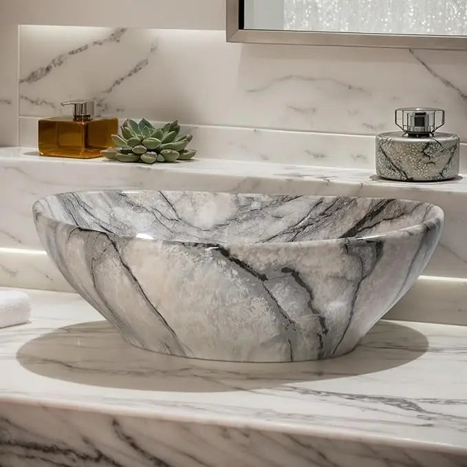 Marbling Oval Vessel Sink Bathroom Ceramic Sink Above Counter Porcelain Basin Bowl