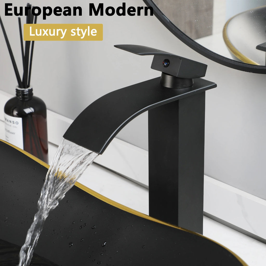 KEMAIDI Black Bathroom Sink with Gold Trim Oval Porcelain Vessel Sink with Faucet Drain Combo Above Counter Wash Basin Sink Bowl