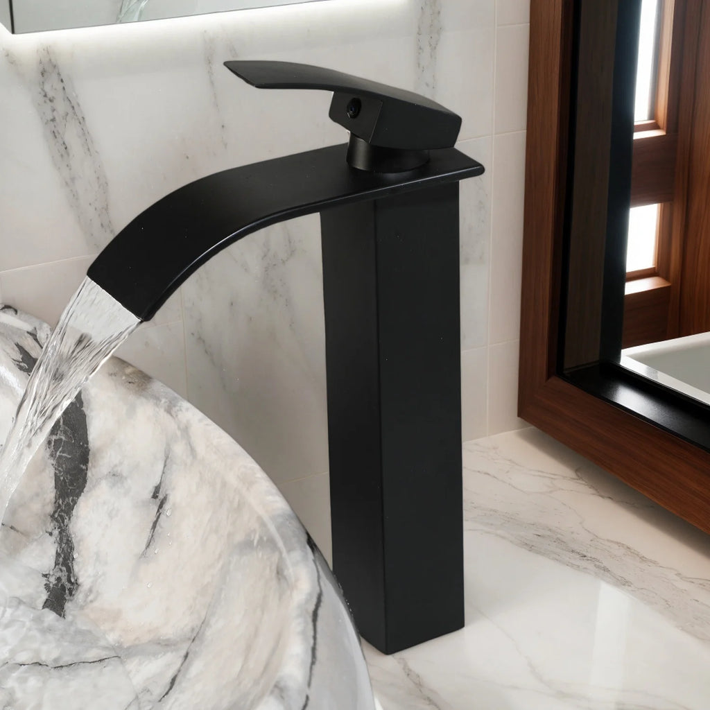 White Marbling Rectangle Bathroom Vessel Sink with Waterfall Faucet