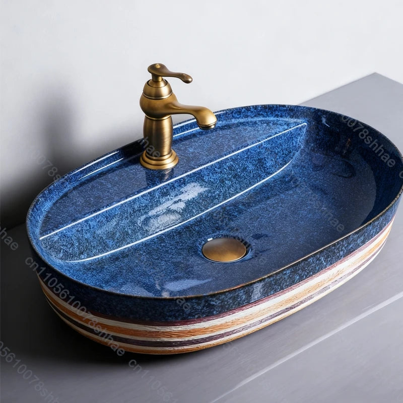 Vintage Ceramic Vessel Sink Oval Bathroom Art Countertop Basin