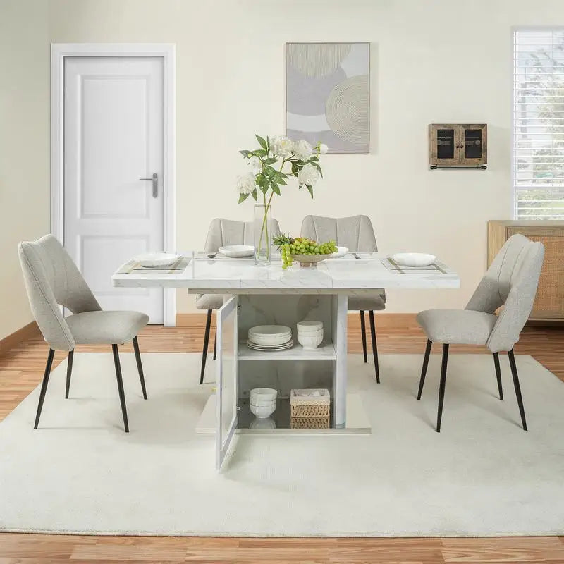 Expandable Square Dining Table with Printed White Marble Top and Storage Cabinet