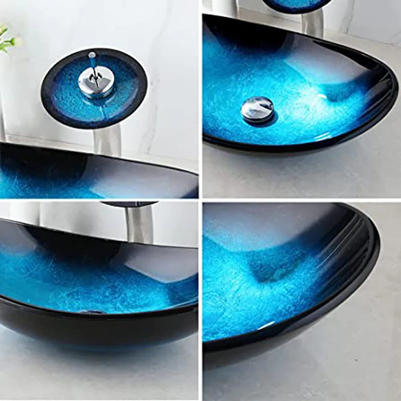 Tempered Glass Oval Blue Vessel Sink